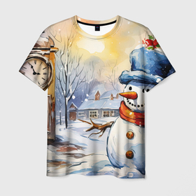 Мужская футболка 3D с принтом Снеговик   новый  год в Екатеринбурге, 100% полиэфир | прямой крой, круглый вырез горловины, длина до линии бедер | 