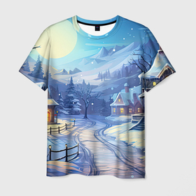 Мужская футболка 3D с принтом Зимняя новогодняя   деревня в Белгороде, 100% полиэфир | прямой крой, круглый вырез горловины, длина до линии бедер | Тематика изображения на принте: 