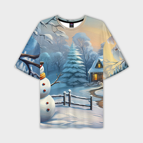 Мужская футболка oversize 3D с принтом Новый год  и снеговик в Санкт-Петербурге,  |  | Тематика изображения на принте: 