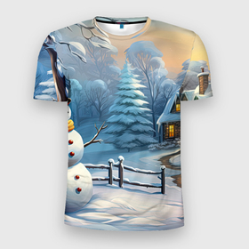 Мужская футболка 3D Slim с принтом Новый год  и снеговик в Екатеринбурге, 100% полиэстер с улучшенными характеристиками | приталенный силуэт, круглая горловина, широкие плечи, сужается к линии бедра | 