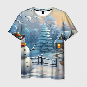 Мужская футболка 3D с принтом Новый год  и снеговик в Екатеринбурге, 100% полиэфир | прямой крой, круглый вырез горловины, длина до линии бедер | 
