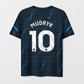 Мужская футболка 3D с принтом Михаил Мудрик форма Челси 23 24 гостевая в Тюмени, 100% полиэфир | прямой крой, круглый вырез горловины, длина до линии бедер | 
