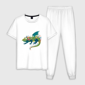 Мужская пижама хлопок с принтом Забавный зеленый  дракон ящерица символ 2024 года , 100% хлопок | брюки и футболка прямого кроя, без карманов, на брюках мягкая резинка на поясе и по низу штанин
 | Тематика изображения на принте: 