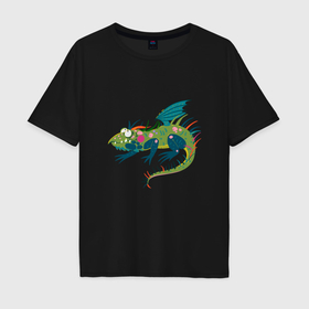 Мужская футболка хлопок Oversize с принтом Забавный зеленый  дракон ящерица символ 2024 года в Кировске, 100% хлопок | свободный крой, круглый ворот, “спинка” длиннее передней части | Тематика изображения на принте: 