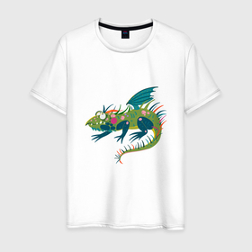 Мужская футболка хлопок с принтом Забавный зеленый  дракон ящерица символ 2024 года в Кировске, 100% хлопок | прямой крой, круглый вырез горловины, длина до линии бедер, слегка спущенное плечо. | 