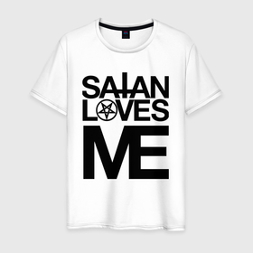 Мужская футболка хлопок с принтом Satan loves me в Петрозаводске, 100% хлопок | прямой крой, круглый вырез горловины, длина до линии бедер, слегка спущенное плечо. | 