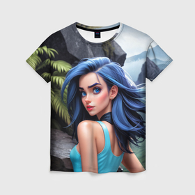 Женская футболка 3D с принтом Девушка синевласая в горах в Белгороде, 100% полиэфир ( синтетическое хлопкоподобное полотно) | прямой крой, круглый вырез горловины, длина до линии бедер | 