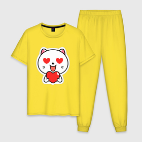 Мужская пижама хлопок с принтом Влюбленный котик глаза сердечки в Тюмени, 100% хлопок | брюки и футболка прямого кроя, без карманов, на брюках мягкая резинка на поясе и по низу штанин
 | 