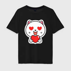 Мужская футболка хлопок Oversize с принтом Влюбленный котик глаза сердечки в Курске, 100% хлопок | свободный крой, круглый ворот, “спинка” длиннее передней части | 