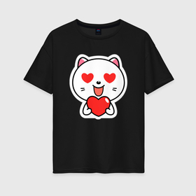 Женская футболка хлопок Oversize с принтом Влюбленный котик глаза сердечки , 100% хлопок | свободный крой, круглый ворот, спущенный рукав, длина до линии бедер
 | 