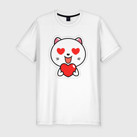 Мужская футболка хлопок Slim с принтом Влюбленный котик глаза сердечки в Курске, 92% хлопок, 8% лайкра | приталенный силуэт, круглый вырез ворота, длина до линии бедра, короткий рукав | 