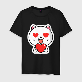 Мужская футболка хлопок с принтом Влюбленный котик глаза сердечки в Тюмени, 100% хлопок | прямой крой, круглый вырез горловины, длина до линии бедер, слегка спущенное плечо. | Тематика изображения на принте: 