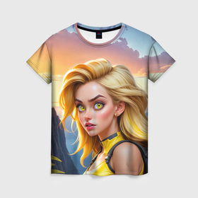 Женская футболка 3D с принтом Девушка в горах на закате в Белгороде, 100% полиэфир ( синтетическое хлопкоподобное полотно) | прямой крой, круглый вырез горловины, длина до линии бедер | 