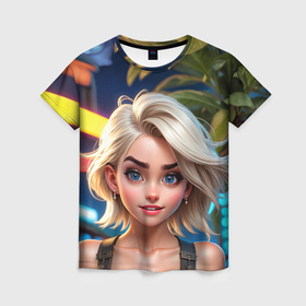 Женская футболка 3D с принтом Девушка синеглазая блондинка в Белгороде, 100% полиэфир ( синтетическое хлопкоподобное полотно) | прямой крой, круглый вырез горловины, длина до линии бедер | 