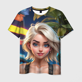 Мужская футболка 3D с принтом Девушка синеглазая блондинка , 100% полиэфир | прямой крой, круглый вырез горловины, длина до линии бедер | Тематика изображения на принте: 