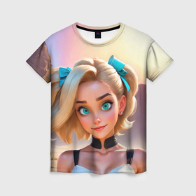Женская футболка 3D с принтом Девушка блондинка с бирюзовыми глазами в Белгороде, 100% полиэфир ( синтетическое хлопкоподобное полотно) | прямой крой, круглый вырез горловины, длина до линии бедер | 