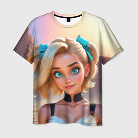 Мужская футболка 3D с принтом Девушка блондинка с бирюзовыми глазами в Новосибирске, 100% полиэфир | прямой крой, круглый вырез горловины, длина до линии бедер | Тематика изображения на принте: 