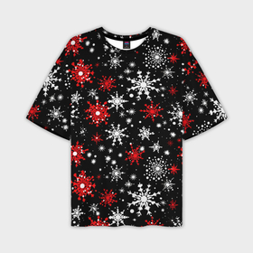 Мужская футболка oversize 3D с принтом Белые и красные снежинки на черном фоне   нейросеть в Петрозаводске,  |  | Тематика изображения на принте: 