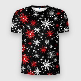 Мужская футболка 3D Slim с принтом Белые и красные снежинки на черном фоне   нейросеть в Белгороде, 100% полиэстер с улучшенными характеристиками | приталенный силуэт, круглая горловина, широкие плечи, сужается к линии бедра | 