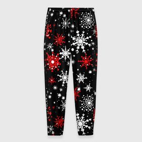 Мужские брюки 3D с принтом Белые и красные снежинки на черном фоне   нейросеть в Курске, 100% полиэстер | манжеты по низу, эластичный пояс регулируется шнурком, по бокам два кармана без застежек, внутренняя часть кармана из мелкой сетки | 