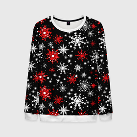 Мужской свитшот 3D с принтом Белые и красные снежинки на черном фоне   нейросеть в Белгороде, 100% полиэстер с мягким внутренним слоем | круглый вырез горловины, мягкая резинка на манжетах и поясе, свободная посадка по фигуре | 