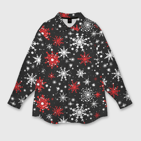 Мужская рубашка oversize 3D с принтом Белые и красные снежинки на черном фоне   нейросеть в Курске,  |  | Тематика изображения на принте: 