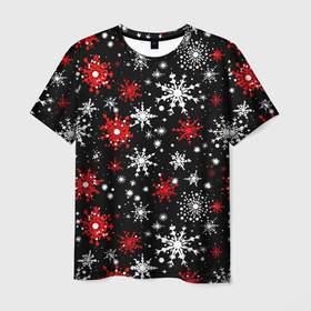Мужская футболка 3D с принтом Белые и красные снежинки на черном фоне   нейросеть в Петрозаводске, 100% полиэфир | прямой крой, круглый вырез горловины, длина до линии бедер | 