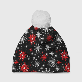 Шапка 3D c помпоном с принтом Белые и красные снежинки на черном фоне   нейросеть в Петрозаводске, 100% полиэстер | универсальный размер, печать по всей поверхности изделия | 
