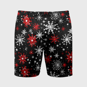 Мужские шорты спортивные с принтом Белые и красные снежинки на черном фоне   нейросеть в Курске,  |  | Тематика изображения на принте: 
