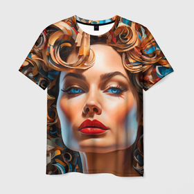 Мужская футболка 3D с принтом Нейросеть   портрет девушки в абстракции в Петрозаводске, 100% полиэфир | прямой крой, круглый вырез горловины, длина до линии бедер | 