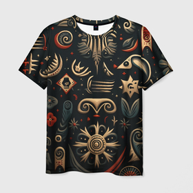 Мужская футболка 3D с принтом Абстрактный узор в славянском стиле на тёмном фоне , 100% полиэфир | прямой крой, круглый вырез горловины, длина до линии бедер | 