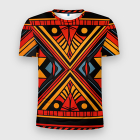 Мужская футболка 3D Slim с принтом Геометрический узор в африканском стиле в Санкт-Петербурге, 100% полиэстер с улучшенными характеристиками | приталенный силуэт, круглая горловина, широкие плечи, сужается к линии бедра | 