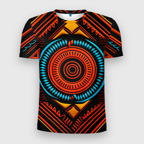 Мужская футболка 3D Slim с принтом Орнамент в африканском стиле на тёмном фоне в Петрозаводске, 100% полиэстер с улучшенными характеристиками | приталенный силуэт, круглая горловина, широкие плечи, сужается к линии бедра | Тематика изображения на принте: 