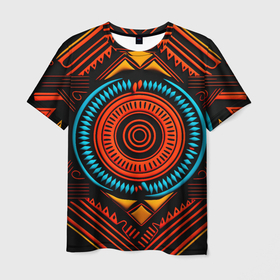 Мужская футболка 3D с принтом Орнамент в африканском стиле на тёмном фоне в Кировске, 100% полиэфир | прямой крой, круглый вырез горловины, длина до линии бедер | Тематика изображения на принте: 