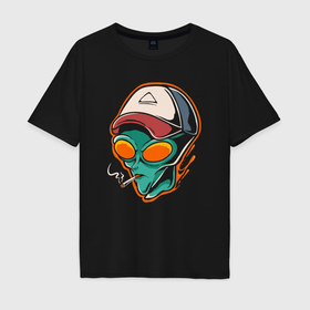 Мужская футболка хлопок Oversize с принтом Smoking alien в Курске, 100% хлопок | свободный крой, круглый ворот, “спинка” длиннее передней части | 