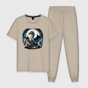 Мужская пижама хлопок с принтом Дракон над старинным замком в Кировске, 100% хлопок | брюки и футболка прямого кроя, без карманов, на брюках мягкая резинка на поясе и по низу штанин
 | 
