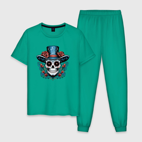 Мужская пижама хлопок с принтом Череп в шляпе в стиле мексиканского дня мертвых в Санкт-Петербурге, 100% хлопок | брюки и футболка прямого кроя, без карманов, на брюках мягкая резинка на поясе и по низу штанин
 | 