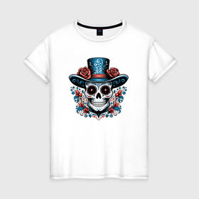 Женская футболка хлопок с принтом Череп в шляпе в стиле мексиканского дня мертвых в Кировске, 100% хлопок | прямой крой, круглый вырез горловины, длина до линии бедер, слегка спущенное плечо | 