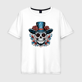 Мужская футболка хлопок Oversize с принтом Череп в шляпе в стиле мексиканского дня мертвых в Екатеринбурге, 100% хлопок | свободный крой, круглый ворот, “спинка” длиннее передней части | 