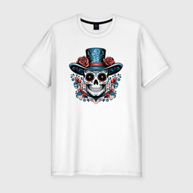 Мужская футболка хлопок Slim с принтом Череп в шляпе в стиле мексиканского дня мертвых в Санкт-Петербурге, 92% хлопок, 8% лайкра | приталенный силуэт, круглый вырез ворота, длина до линии бедра, короткий рукав | 