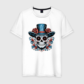 Мужская футболка хлопок с принтом Череп в шляпе в стиле мексиканского дня мертвых в Новосибирске, 100% хлопок | прямой крой, круглый вырез горловины, длина до линии бедер, слегка спущенное плечо. | 