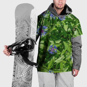 Накидка на куртку 3D с принтом Синие васильки с зелеными листьями в саду , 100% полиэстер |  | Тематика изображения на принте: 