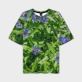 Мужская футболка oversize 3D с принтом Синие васильки с зелеными листьями в саду в Тюмени,  |  | Тематика изображения на принте: 