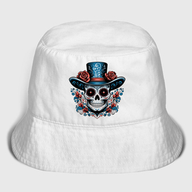 Мужская панама хлопок с принтом Череп в шляпе в стиле мексиканского дня мертвых в Екатеринбурге,  |  | Тематика изображения на принте: 