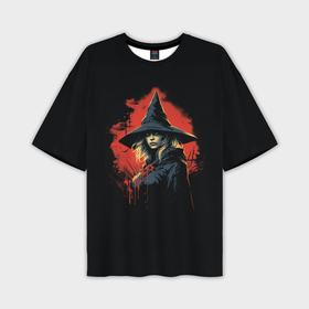 Мужская футболка oversize 3D с принтом Ведьма в шляпе кровавый фон ,  |  | 