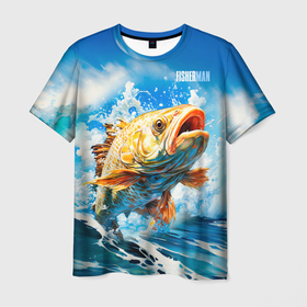 Мужская футболка 3D с принтом Fisherman golden в Кировске, 100% полиэфир | прямой крой, круглый вырез горловины, длина до линии бедер | 