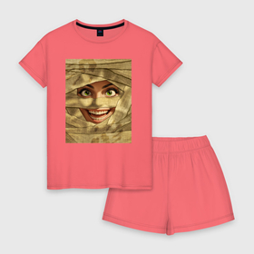 Женская пижама с шортиками хлопок с принтом Мумия светлая , 100% хлопок | футболка прямого кроя, шорты свободные с широкой мягкой резинкой | 