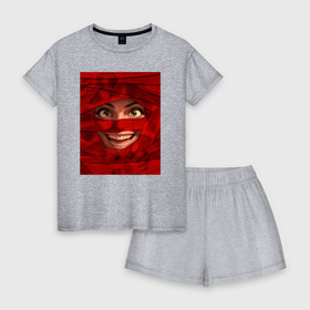 Женская пижама с шортиками хлопок с принтом Мумия красная , 100% хлопок | футболка прямого кроя, шорты свободные с широкой мягкой резинкой | 