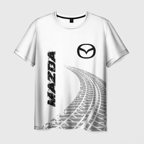 Мужская футболка 3D с принтом Mazda speed на светлом фоне со следами шин вертикально в Новосибирске, 100% полиэфир | прямой крой, круглый вырез горловины, длина до линии бедер | 
