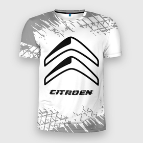 Мужская футболка 3D Slim с принтом Citroen speed на светлом фоне со следами шин в Петрозаводске, 100% полиэстер с улучшенными характеристиками | приталенный силуэт, круглая горловина, широкие плечи, сужается к линии бедра | 